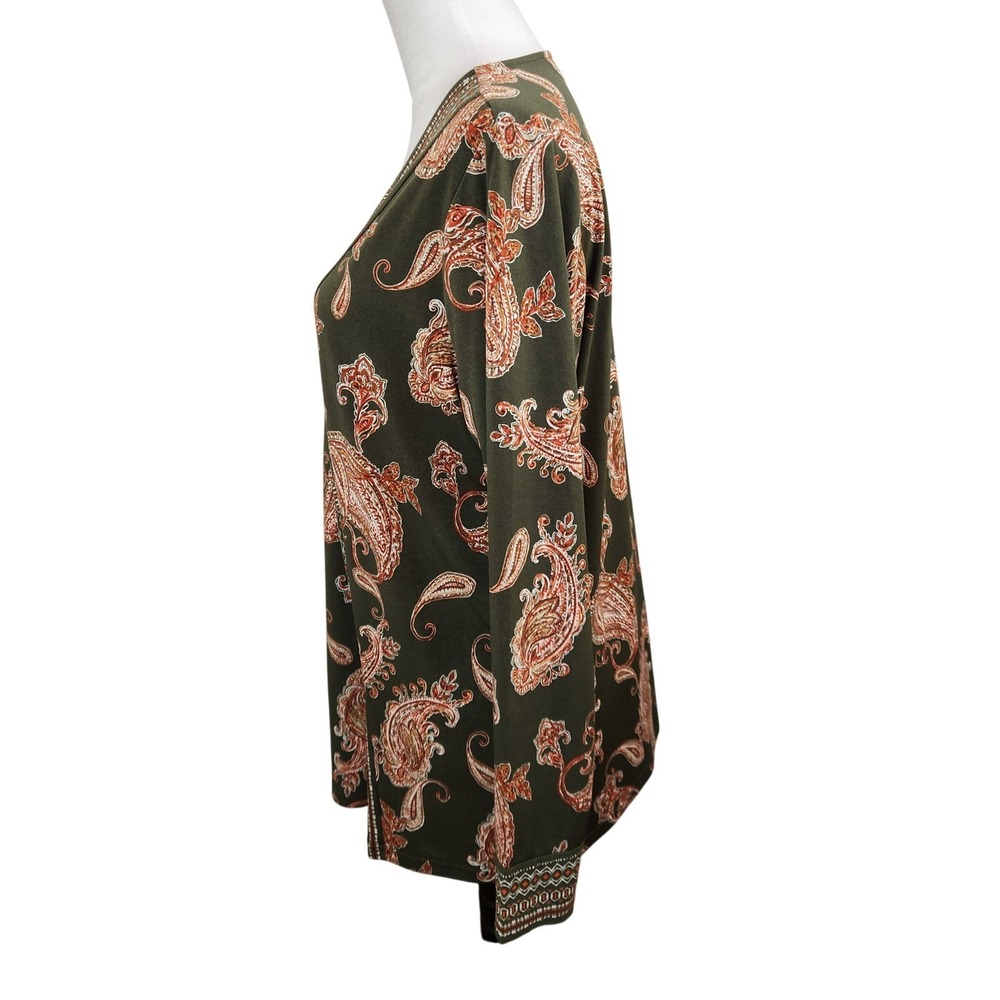 Belle Kim Gravel Women's Olive Green Paisley Print Long Sleeve V Neck Top Size L - Picture 4 of 9